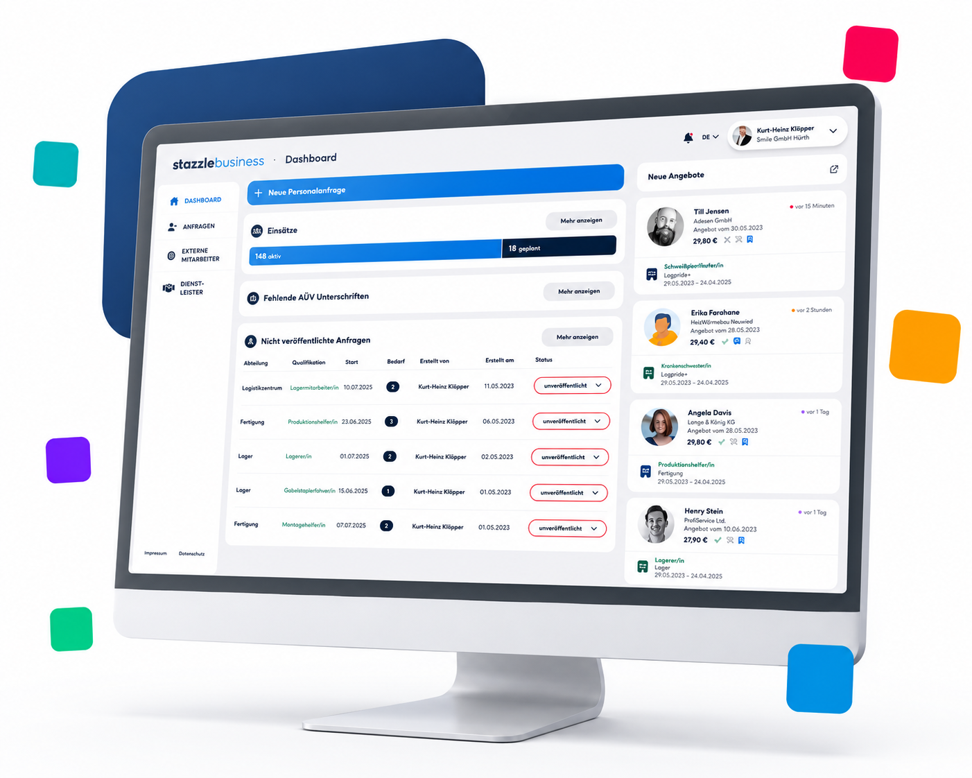 stazzle Dashboard für Kitas – offene Vertretungsanfragen, Kandidatenvorschläge und Verträge auf einen Blick