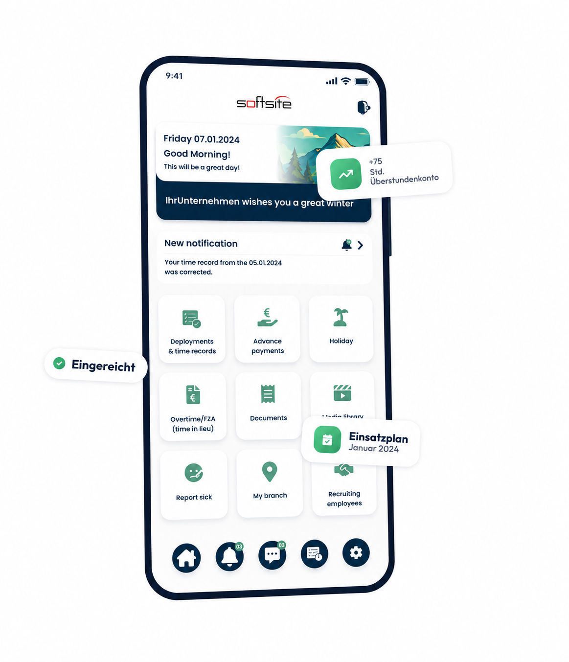 stazzle Mitarbeiter-App für die Zeitarbeit: Startbildschirm mit allen Funktionen wie Einsätzen, Zeiterfassung, Urlaub und Dokumenten