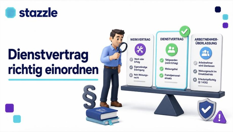 Vergleich von Werkvertrag, Dienstvertrag und Arbeitnehmerüberlassung auf einer Waage mit Prüfkriterien