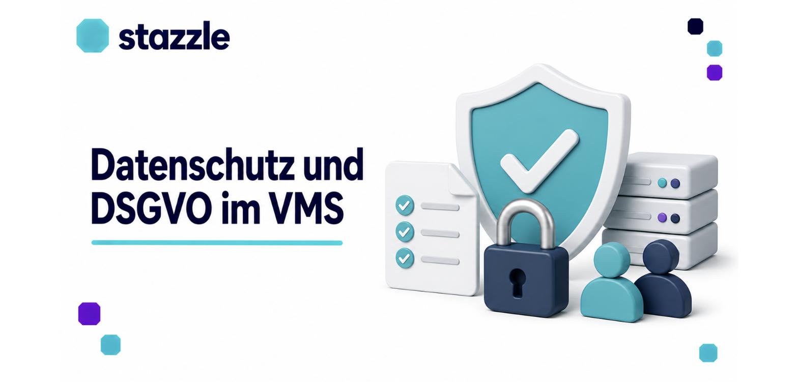 Datenschutz und DSGVO im VMS: Schutzschild mit Haken, Vorhängeschloss, Checkliste, Server und Personen-Icons