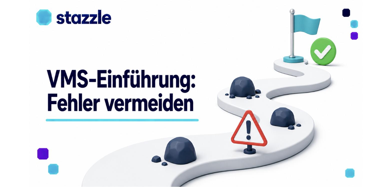 VMS-Einführung Fehler vermeiden: Weg mit Stolpersteinen und Warnschild, am Ziel Fahne und grüner Haken