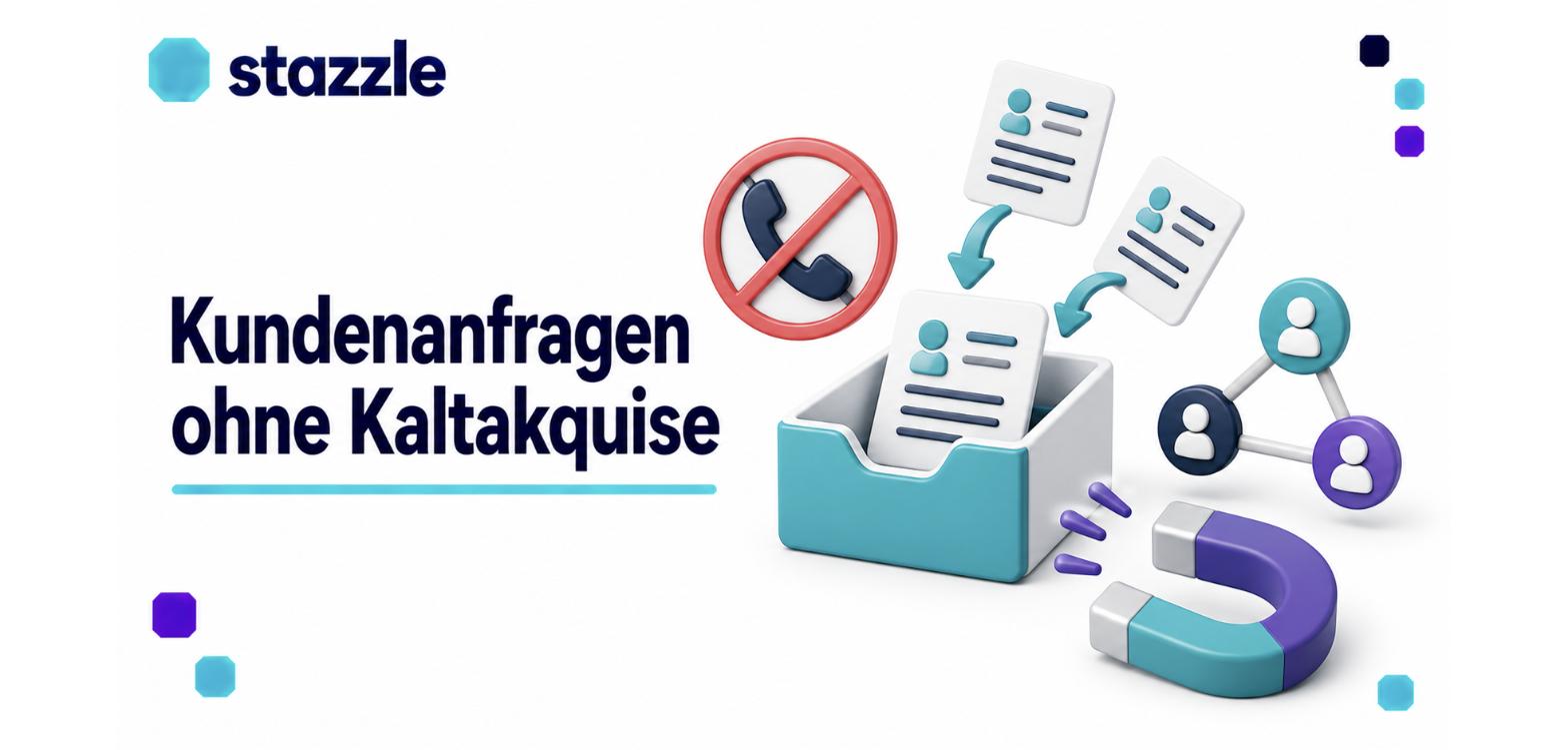 Kundenanfragen ohne Kaltakquise: durchgestrichenes Telefon, Posteingang mit einfliegenden Anfragen, Netzwerk-Icons und Magnet