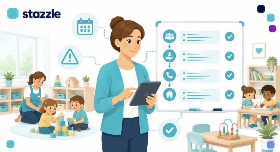 Illustration einer Kita-Leiterin, die mit einem Tablet den Notfallplan bei Personalmangel in der Kita koordiniert; im Hintergrund ein Stufenplan als Checkliste und spielende Kinder.