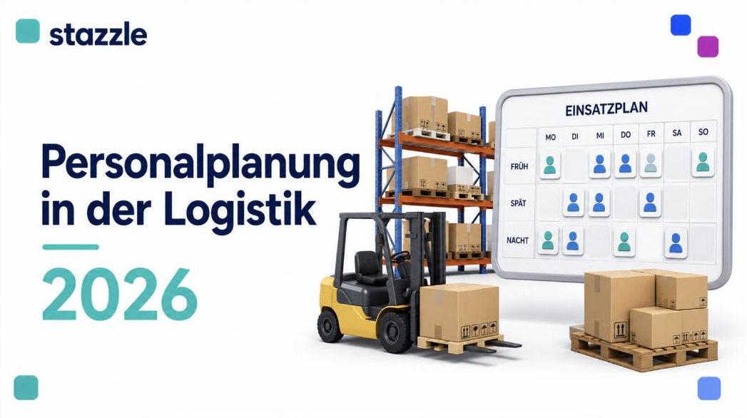 stazzle Beitragsbild: Personalplanung in der Logistik 2026 – Lager mit Regalen, Kartons und Gabelstapler sowie Einsatzplan-Board mit Schichten und Personensymbolen