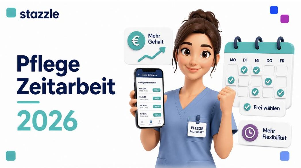 stazzle Beitragsbild: Pflege Zeitarbeit 2026 – zufriedene Pflegefachkraft mit Smartphone-App, die Schichten frei wählt, mit Symbolen für mehr Gehalt und mehr Flexibilität