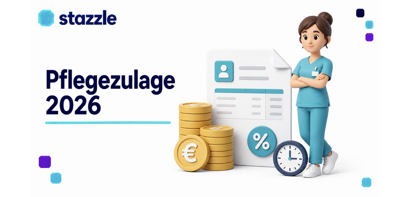 Pflegezulage 2026: Pflegekraft neben Lohnabrechnung, Euro-Münzen, Prozent-Symbol und Uhr