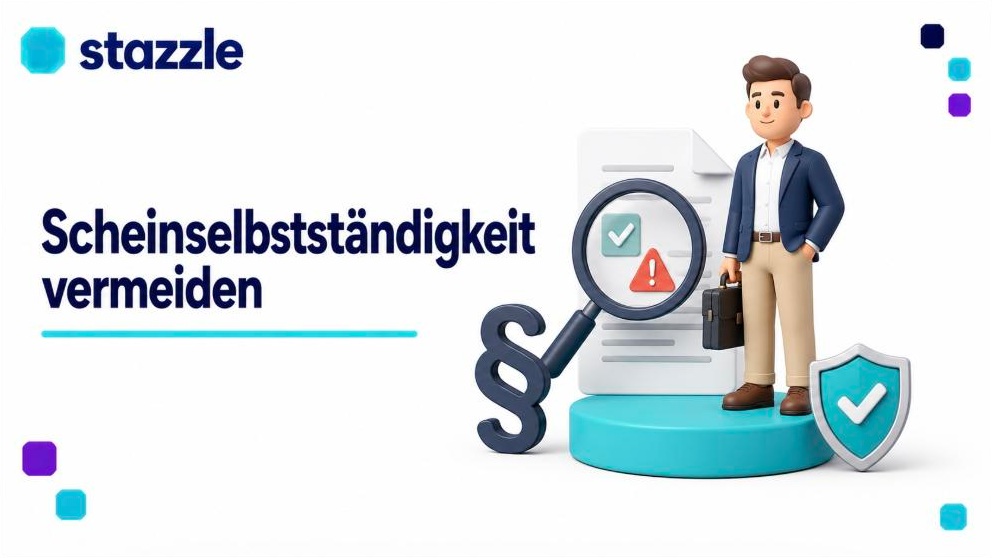 Illustration: externer Dienstleister mit Aktenkoffer neben einer Lupe, die ein Dokument mit Häkchen und Warnsymbol prüft, dazu Paragrafzeichen und Schutzschild – Symbolbild für die Prüfung von Scheinselbstständigkeit.