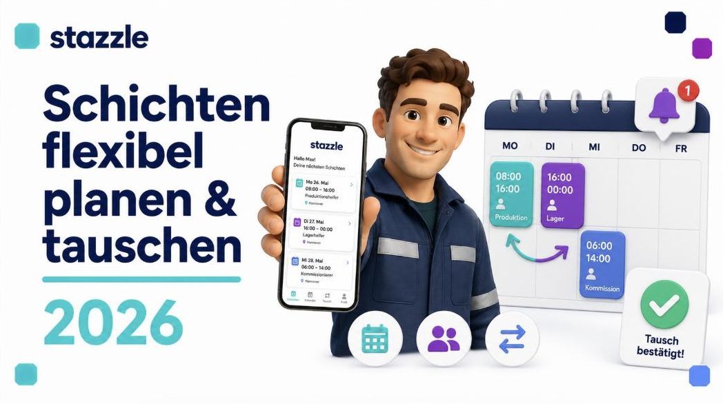 stazzle-Beitragsbild: Zeitarbeitnehmer nutzt die stazzle-App auf dem Smartphone, um Schichten flexibel zu planen und zu tauschen – mit Schichtkalender, Tauschpfeilen, Benachrichtigung und bestätigtem Tausch, Titel ‚Schichten flexibel planen & tauschen 2026‘