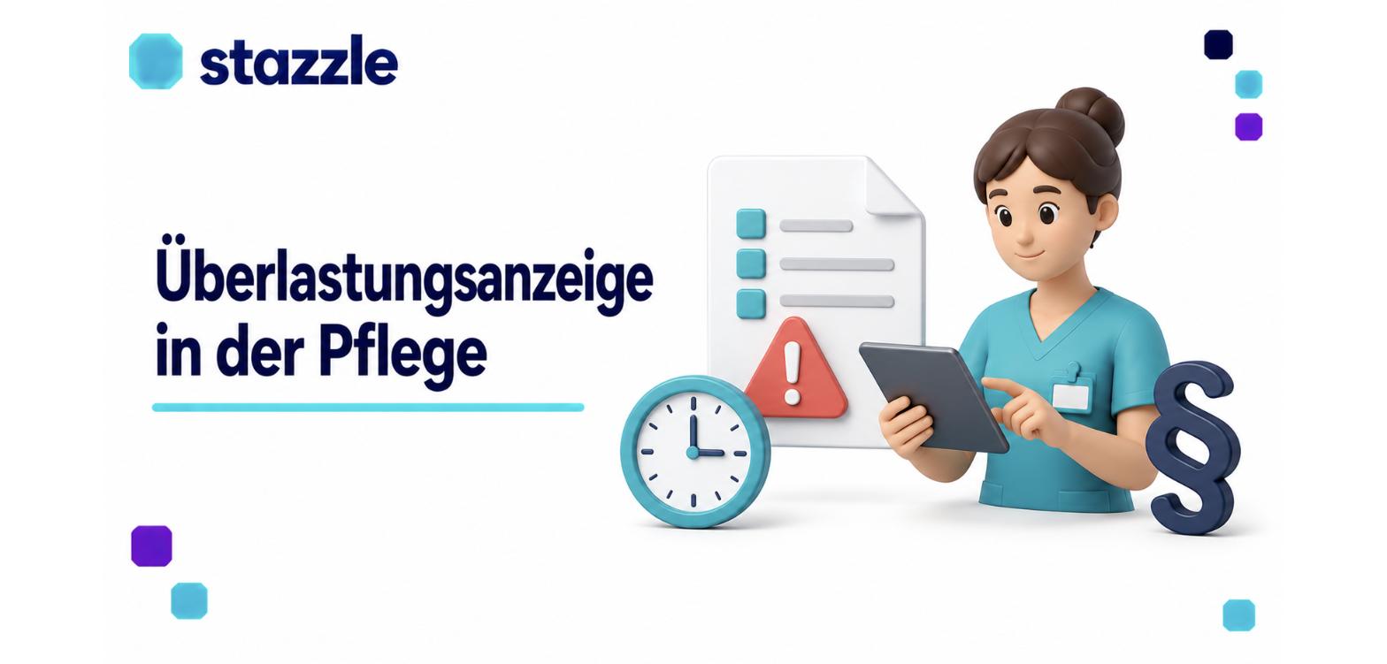 Überlastungsanzeige in der Pflege: Pflegekraft mit Tablet, Formular mit Warnsymbol, Uhr und Paragraf-Symbol