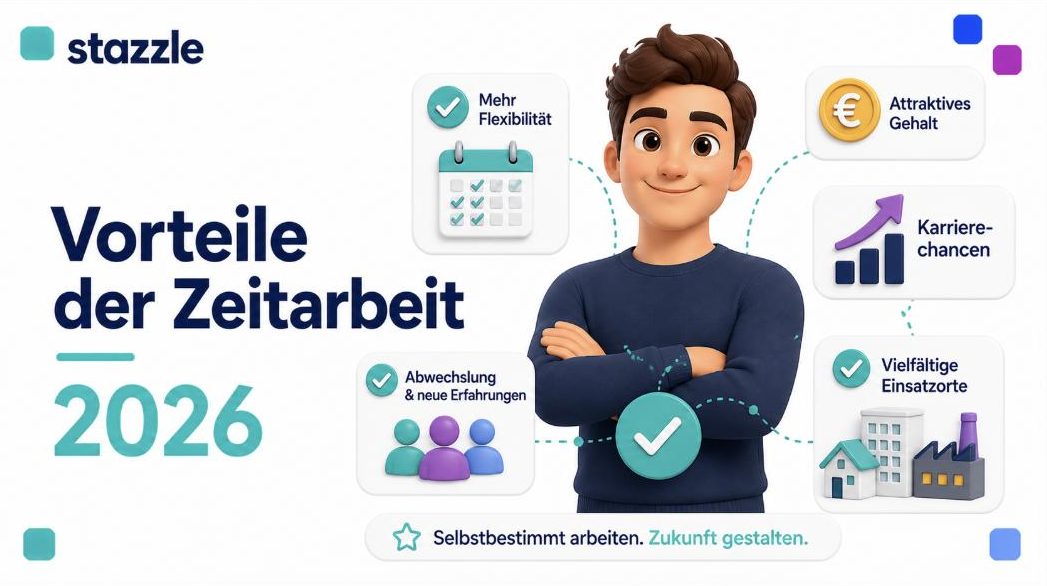 stazzle Beitragsbild: Vorteile der Zeitarbeit 2026 – zuversichtliche Person umgeben von Vorteil-Symbolen: mehr Flexibilität, attraktives Gehalt, Karrierechancen, Abwechslung und vielfältige Einsätze