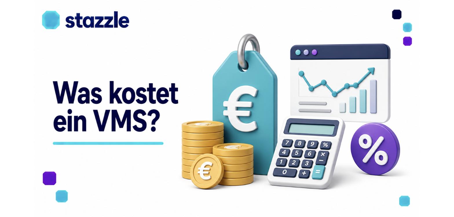 Was kostet ein VMS: Preisschild mit Euro-Zeichen, Münzstapel, Taschenrechner, Dashboard mit Kostenkurve und Prozent-Symbol