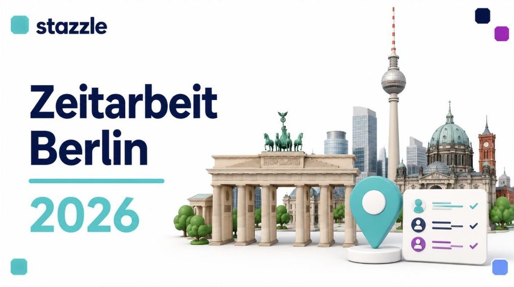 stazzle Beitragsbild: Zeitarbeit Berlin 2026 – Berliner Skyline mit Brandenburger Tor, Fernsehturm und Dom, Standort-Pin und Personal-Symbole