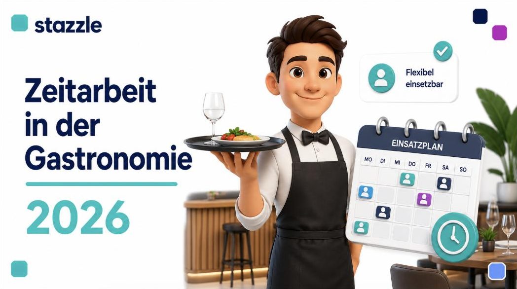 stazzle Beitragsbild: Zeitarbeit in der Gastronomie 2026 – freundlicher Kellner mit Tablett im Restaurant, Flexibel-einsetzbar-Badge und Einsatzplan-Kalender