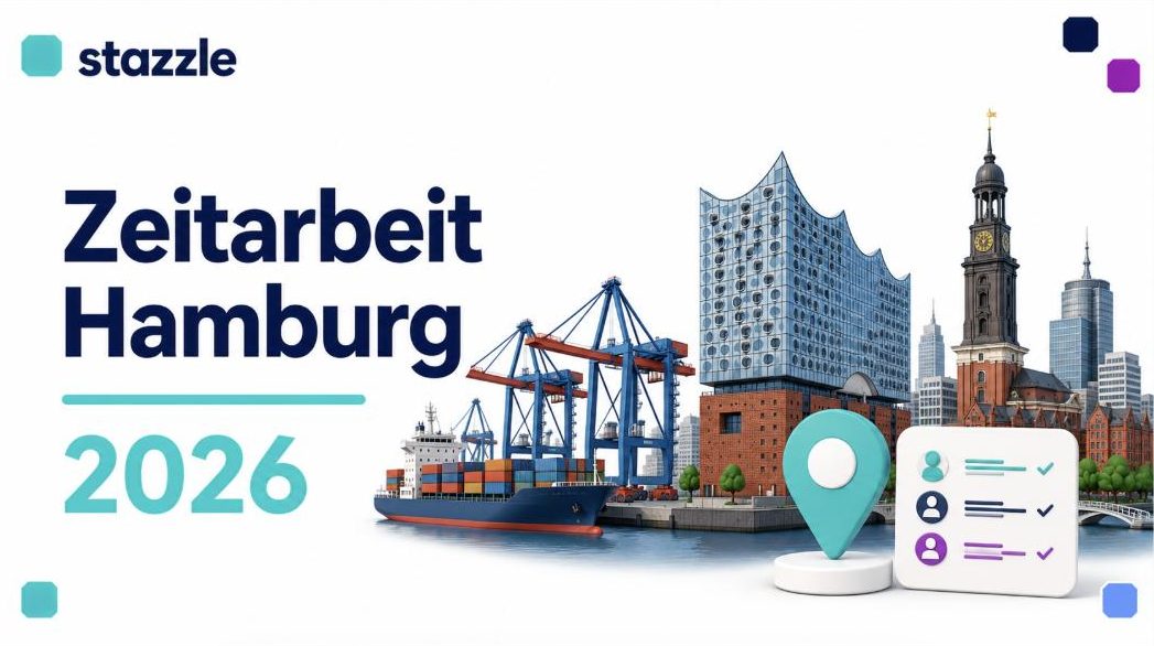 stazzle Beitragsbild: Zeitarbeit Hamburg 2026 – Hamburger Skyline mit Elbphilharmonie, Hafen mit Containerkränen und Michel-Kirchturm, Standort-Pin und Personal-Symbole