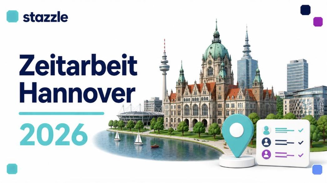 stazzle Beitragsbild: Zeitarbeit Hannover 2026 – Hannoveraner Skyline mit Neuem Rathaus, Maschsee und modernen Gebäuden, Standort-Pin und Personal-Symbole