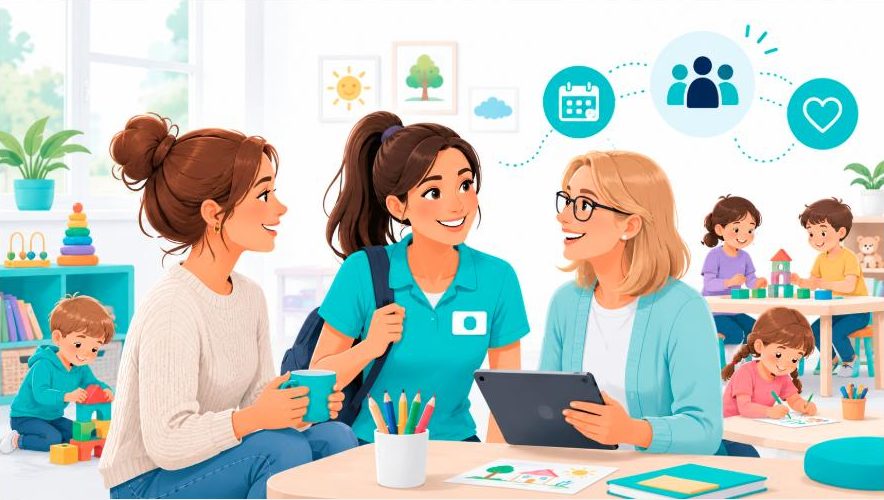 Illustration im stazzle-Stil: pädagogische Fachkraft als flexible Zeitarbeitskraft arbeitet in einer Kita freundlich mit dem Stammteam zusammen, während Kinder im Hintergrund spielen.