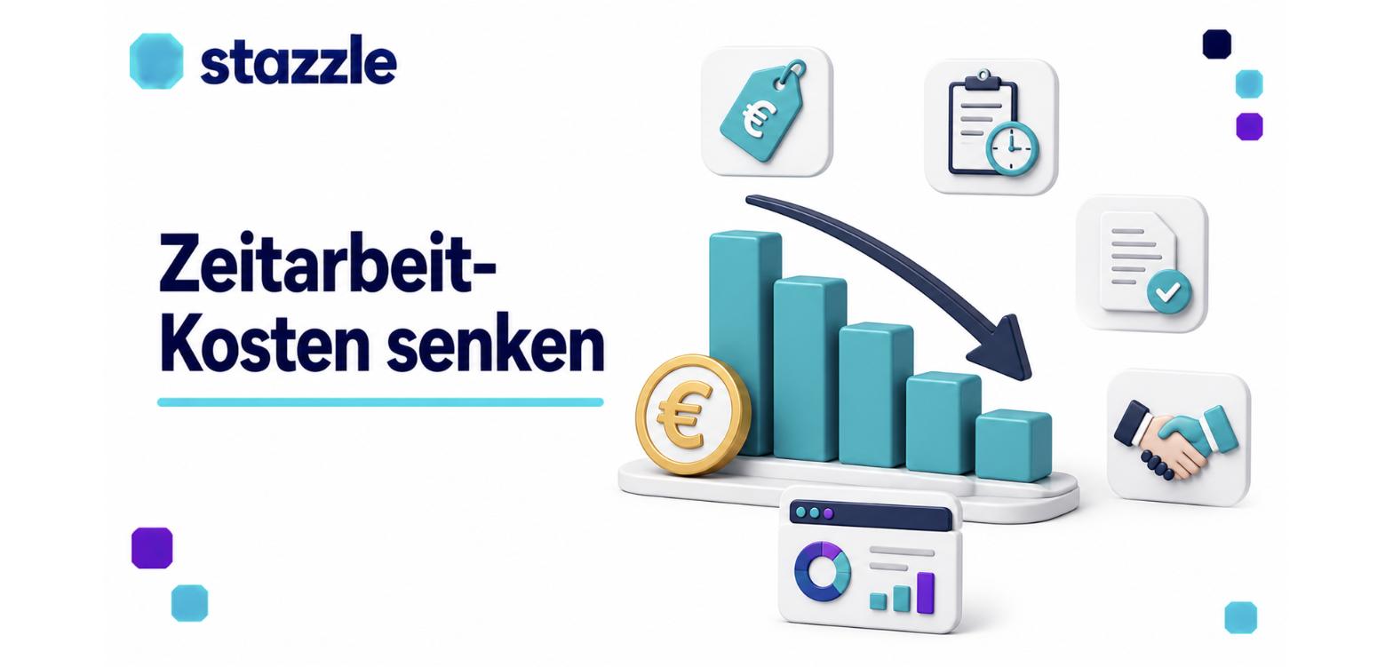 Zeitarbeit-Kosten senken: Balkendiagramm mit fallenden Kosten, Euro-Muenze, Zeiterfassung, Vertrag und Verhandlung