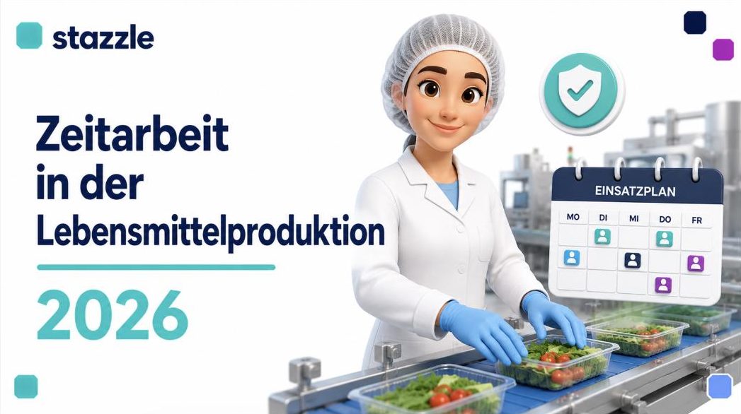 stazzle Beitragsbild: Zeitarbeit in der Lebensmittelproduktion 2026 – Mitarbeiterin in Hygienekleidung am Produktionsband, Hygiene-Badge und Einsatzplan-Kalender