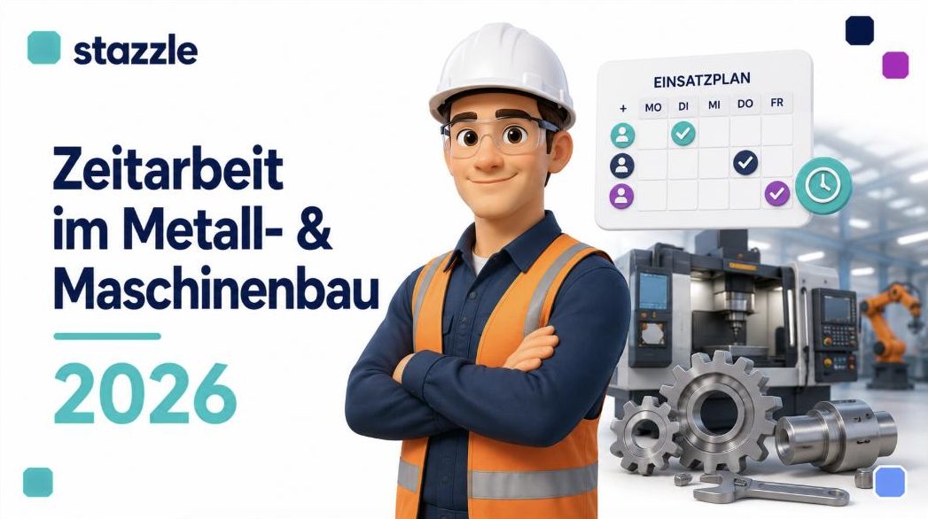 stazzle Beitragsbild: Zeitarbeit im Metall- und Maschinenbau 2026 – Industriemechaniker mit Schutzhelm und Warnweste in Werkhalle, Einsatzplan und Zahnräder