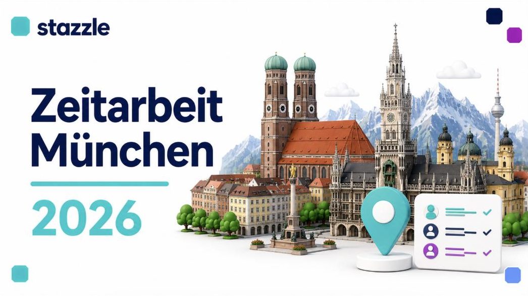 stazzle Beitragsbild: Zeitarbeit München 2026 – Münchner Skyline mit Frauenkirche, Neuem Rathaus und Alpen im Hintergrund, Standort-Pin und Personal-Symbole