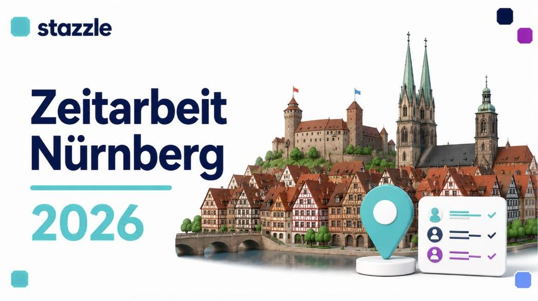 stazzle Beitragsbild: Zeitarbeit Nürnberg 2026 – Nürnberger Skyline mit Kaiserburg, Fachwerk-Altstadt und Kirchtürmen, Standort-Pin und Personal-Symbole
