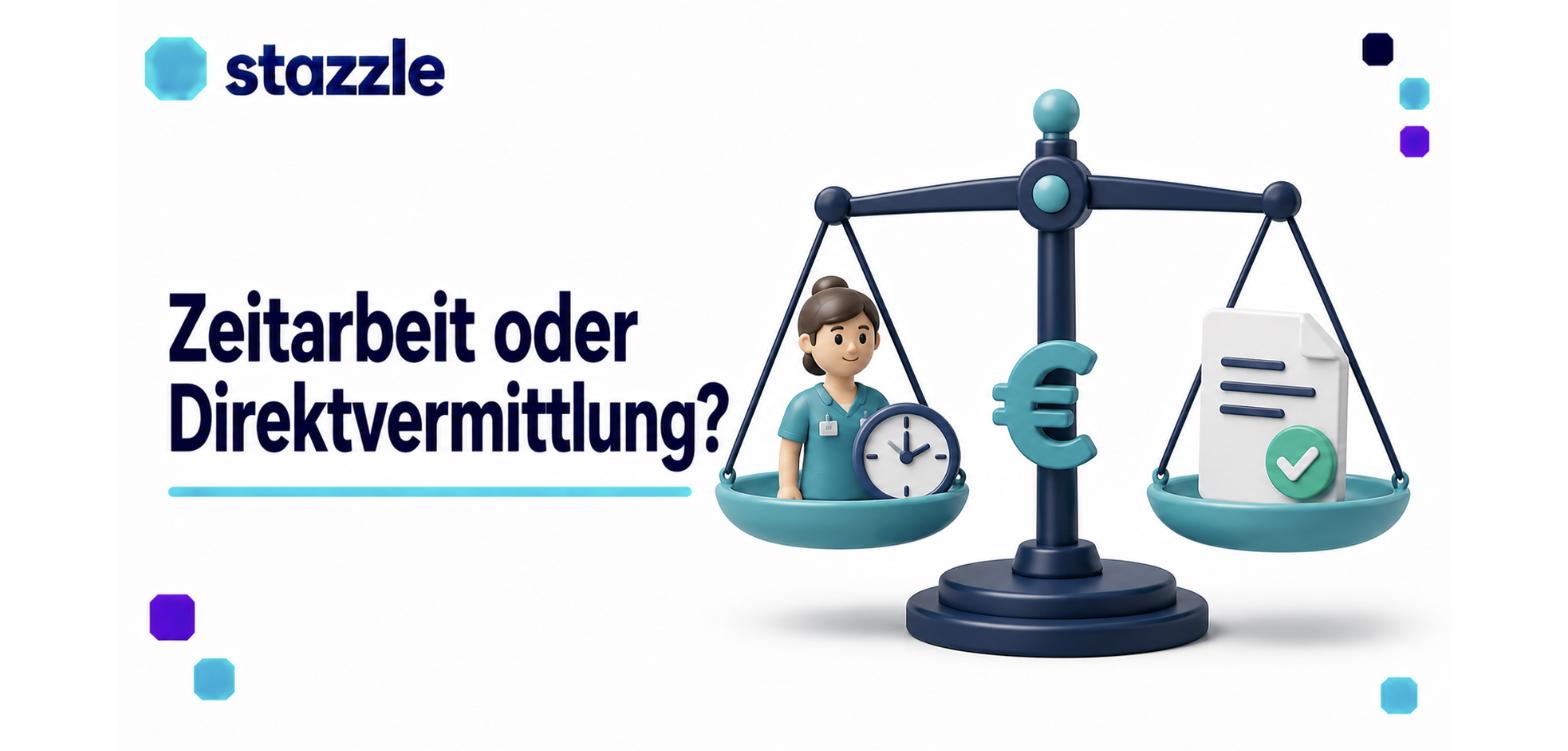 Zeitarbeit oder Direktvermittlung: Waage mit Pflegekraft und Uhr auf der einen, Vertrag mit Häkchen auf der anderen Seite