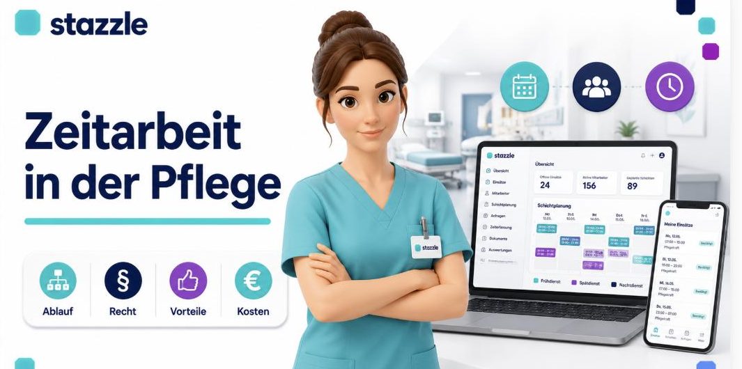 stazzle-Illustration: Pflegefachkraft in einer Klinik neben Laptop und Smartphone mit stazzle-Dashboard für Personaleinsatzplanung