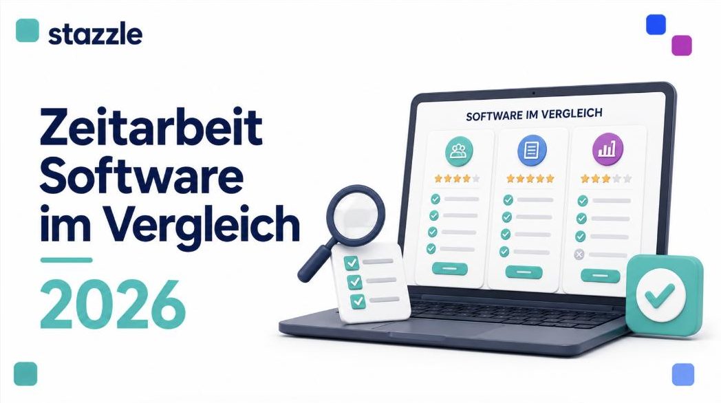 stazzle Beitragsbild: Zeitarbeit Software im Vergleich 2026 – Laptop mit Vergleichs-Dashboard, Bewertungssternen, Häkchen-Checklisten und Lupe