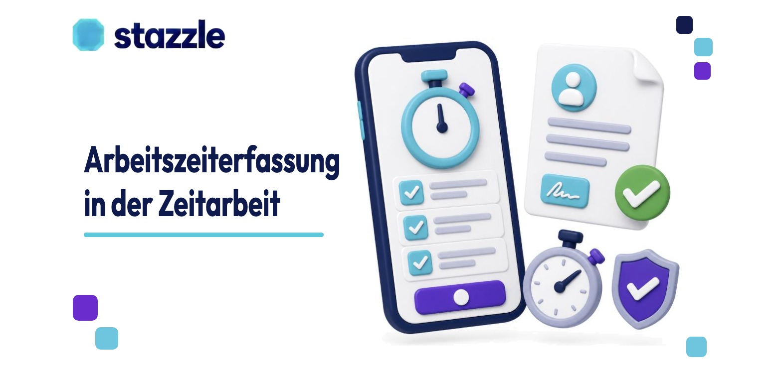 Arbeitszeiterfassung in der Zeitarbeit: 3D-Smartphone mit Stoppuhr, digitaler Stundennachweis mit Haken und Schild im stazzle-Stil