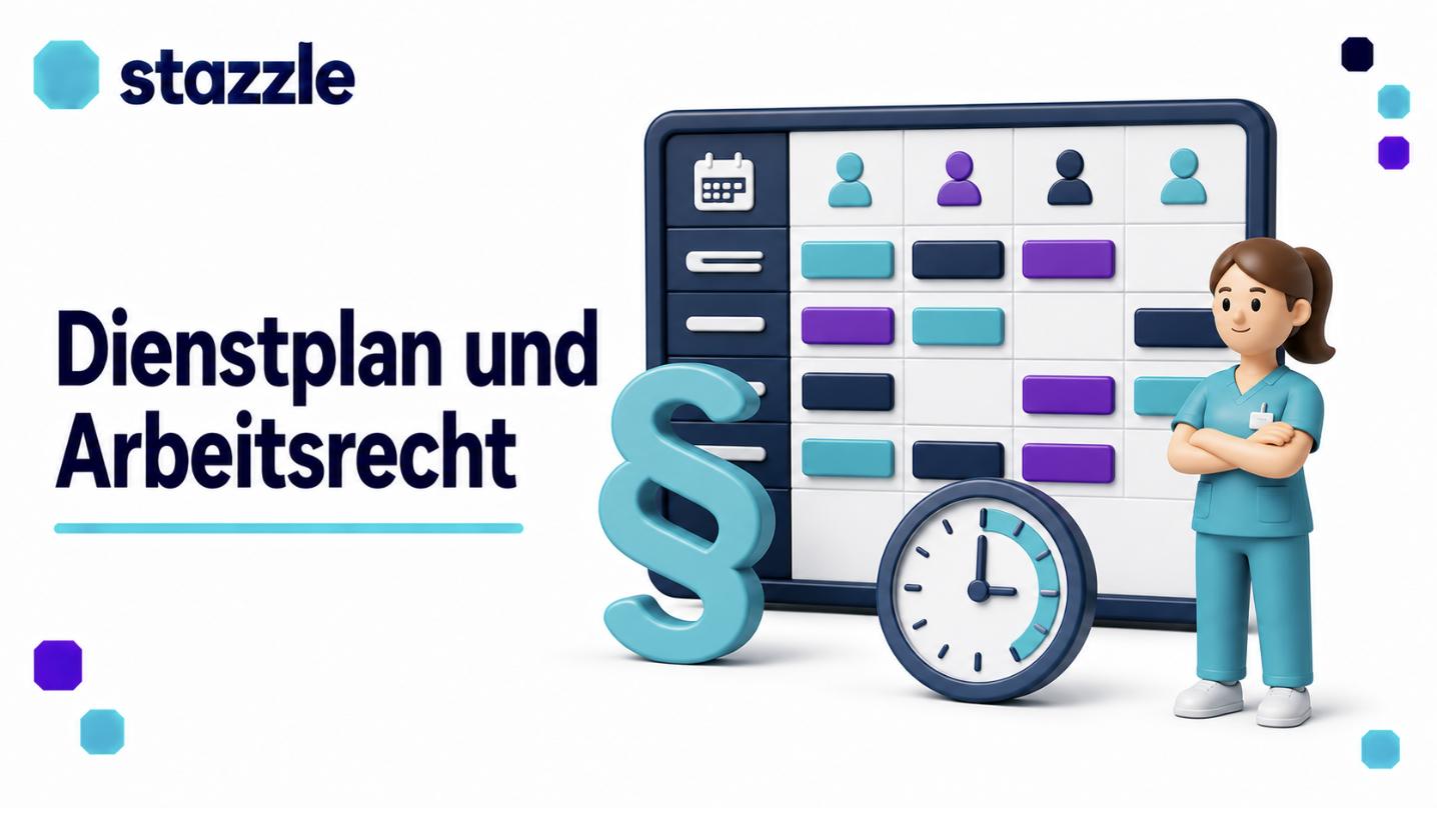 Illustration eines Pflege-Dienstplans mit Schichtblöcken, Paragrafenzeichen und Uhr als Symbol für Ruhezeiten