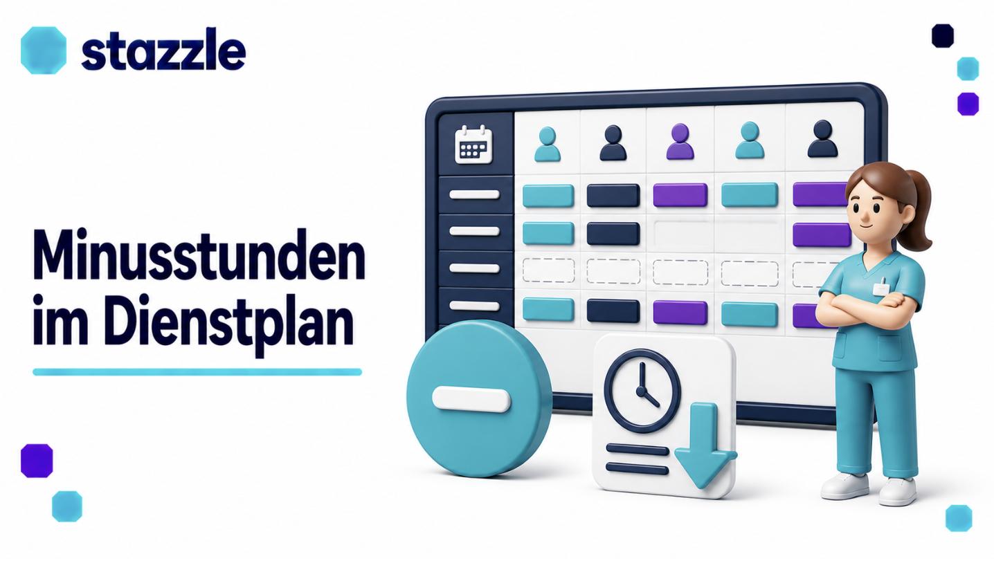 Illustration eines Pflege-Dienstplans mit leerer Schichtzeile, Minuszeichen und Arbeitszeitkonto mit Abwärtspfeil