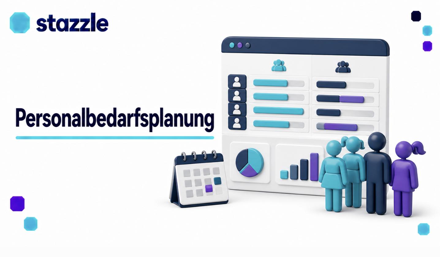 Illustration einer Personalbedarfsplanung-Software: Dashboard mit türkis, navy und violett hervorgehobenem Bedarf und Bestand, Kalender, Diagrammen und Team – im stazzle-Stil