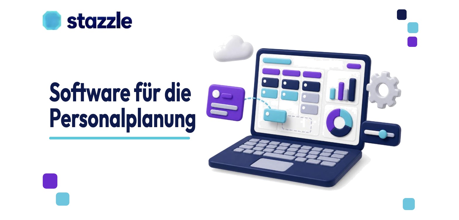 Software für Personaleinsatzplanung: 3D-Laptop mit Dashboard, Schichtkacheln und Diagrammen im stazzle-Stil