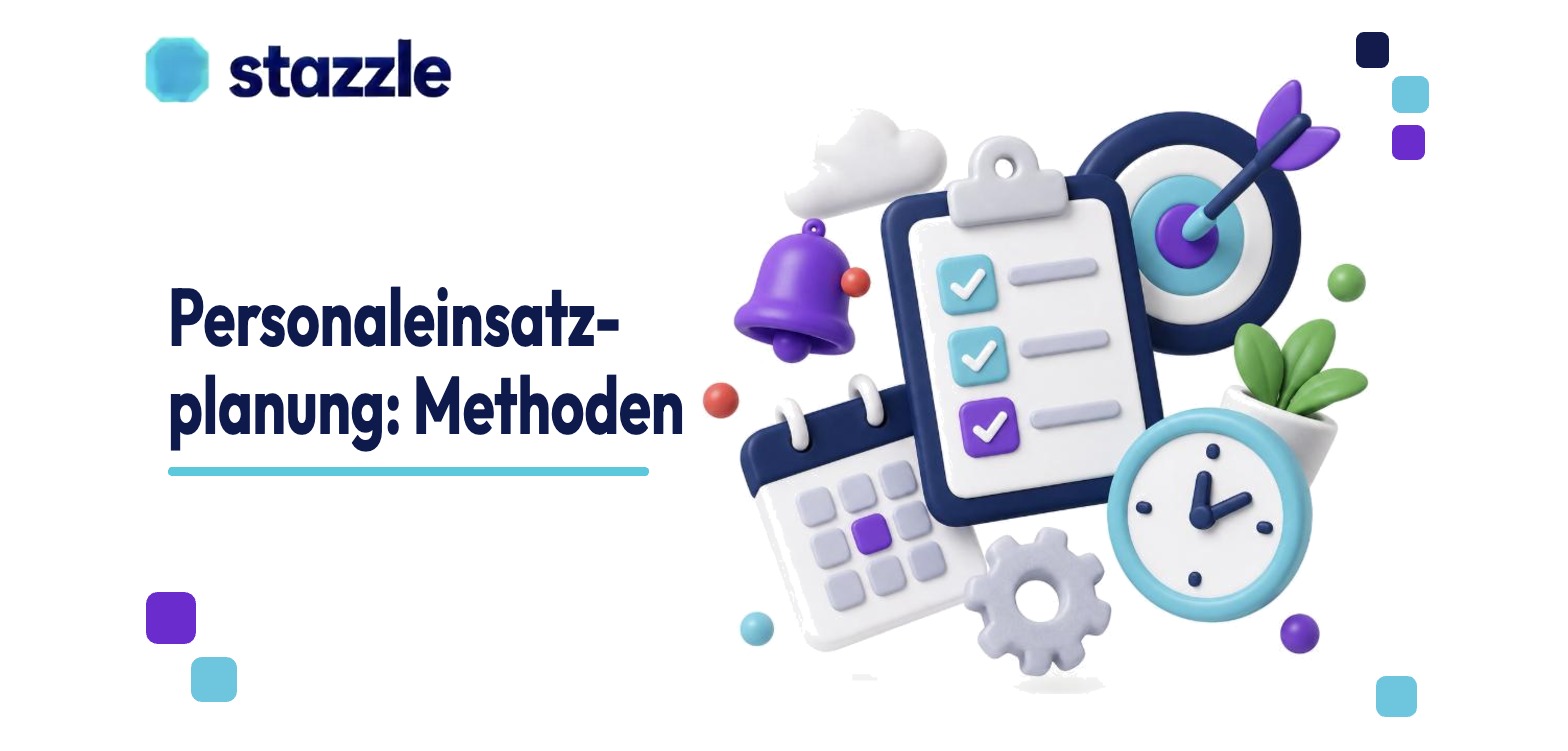 Personaleinsatzplanung: 3D-Illustration mit Kalender, Checkliste, Uhr und Zahnrad im stazzle-Stil