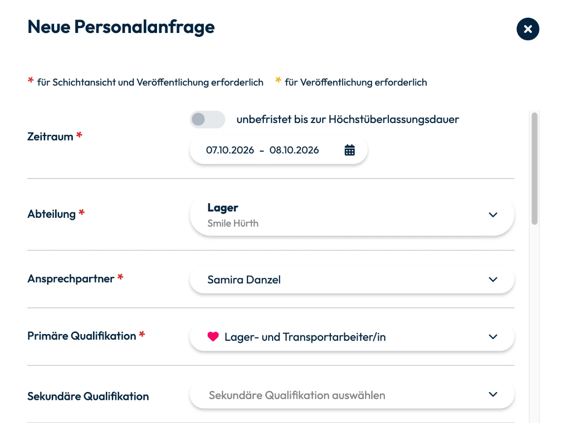 Personalanfrage in stazzle business mit Qualifikation, Schichtmodell und Anzahl