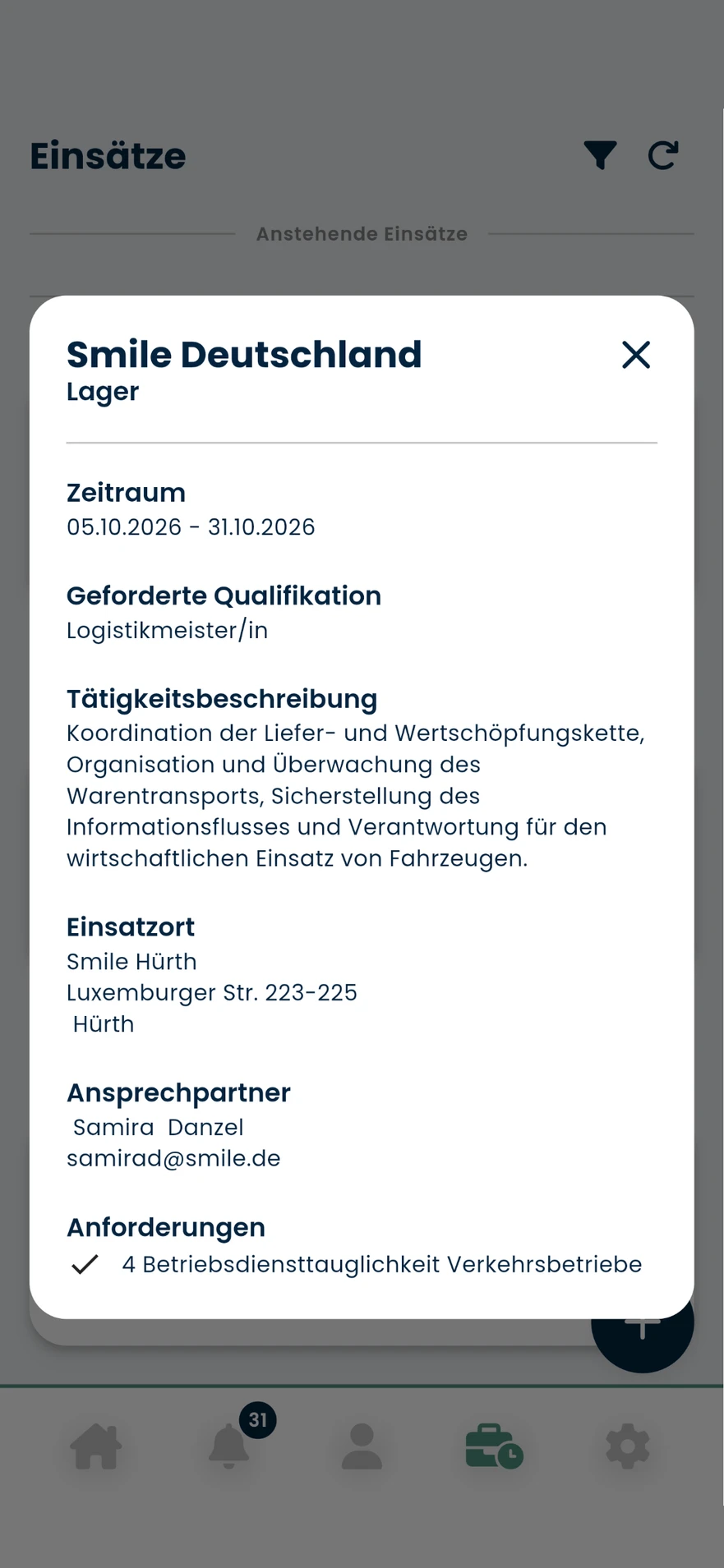 Einsatzinformationen in der stazzle connect App: Schichtplan, Ansprechpartner und Kalender