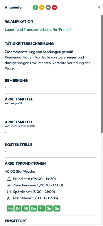 Kandidatenangebot und Schichtplanung in der Detailansicht bei stazzle growth
